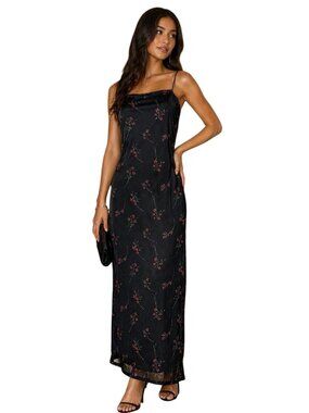Vintage Y2K Byer Too California Black Floral Slip Dress Womens M Spaghetti Strap